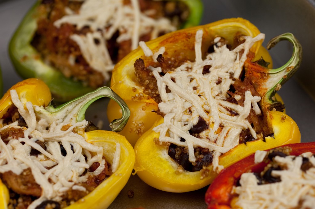 Enchilada Stuffed Peppers with Quinoa and Soy Curls