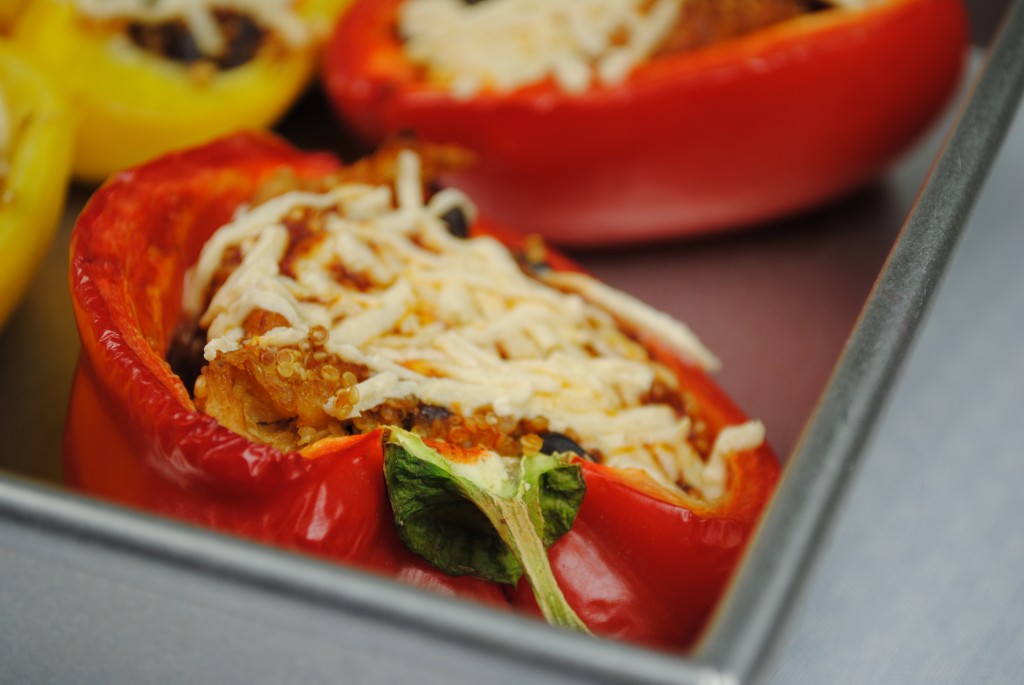 Enchilada Stuffed Peppers with Quinoa and Soy Curls