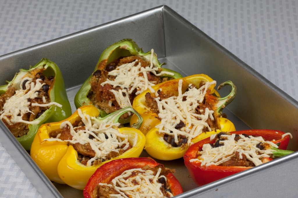 Enchilada Stuffed Peppers with Quinoa and Soy Curls