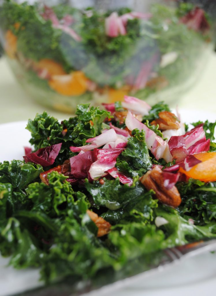 Delicious, fruity kale salad with mandarin oranges, cranberries, and candied pecans | www.thatwasvegan.com